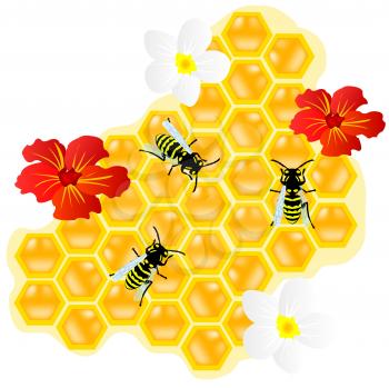 Royalty Free Clipart Image of Honeycomb With Bees and Flowers