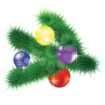 Royalty Free Clipart Image of Christmas Balls on an Evergreen Branch