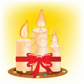 Royalty Free Clipart Image of Three Lit Candles Tied by a Red Ribbon