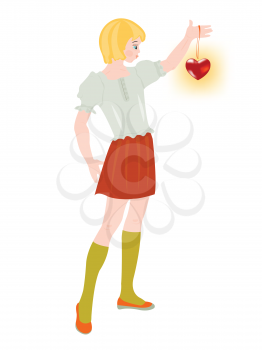 Royalty Free Clipart Image of a Girl Holding a Red Heart