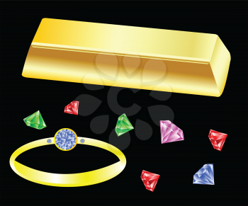 Royalty Free Clipart Image of Gold Bullion With a Ring and Jewels