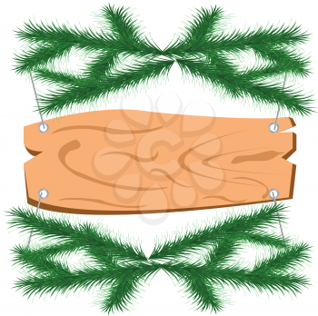 Royalty Free Clipart Image of a Board Hanging Between Evergreens