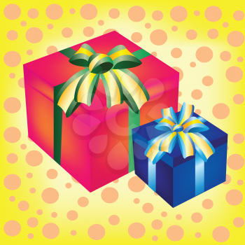 Royalty Free Clipart Image of Wrapped Gifts on a Spotted Background
