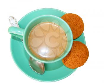Cup coffee and cookie on white background is insulated