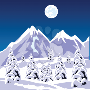 Illustration of the winter landscape amongst snow mountains