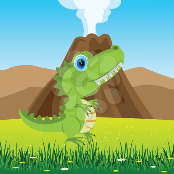 Cartoon of the pangolin dinosaur on glade with flower