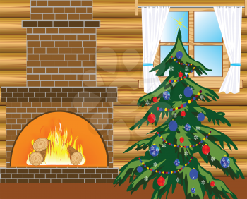 Room with heater and festive fir tree with toy