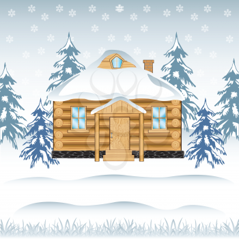 Vector illustration of the building in wood in winter