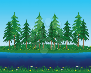 Vector illustration coniferous riverside wood.Beautiful year landscape