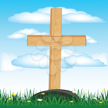 Vector illustration of the wooden cross on grave