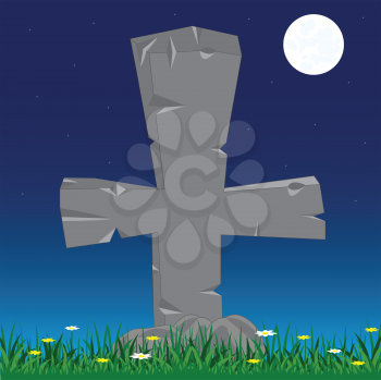 Grave with stone cross moon in the night