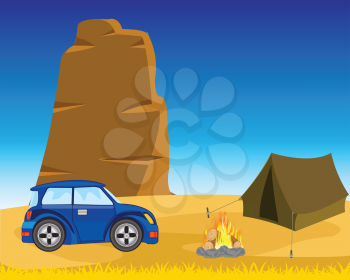 Vector illustration of the wild landscape and tents with car