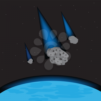 Vector illustration meteorite falling on planet.Meteoritnyy rain