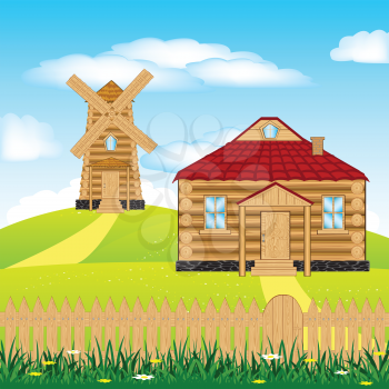 Illustration of the wind mill on green hill