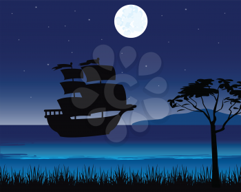 Sailing ship beside tropical island in the night