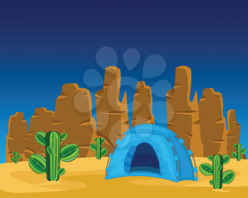Vector illustration of the blue tent in desert amongst cactus