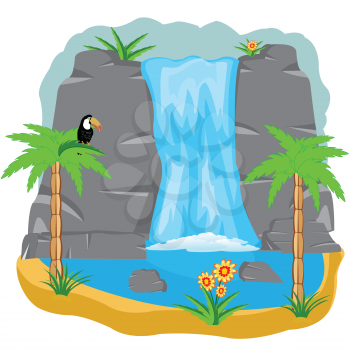 Vector illustration of the waterfall in tropic