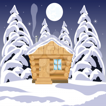 Illustration of the wooden building in winter wood