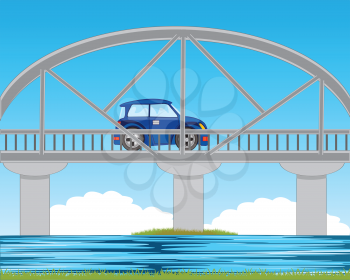 Bridge through river and blue car on him