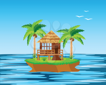 Tropical island in ocean and bungalow with palm