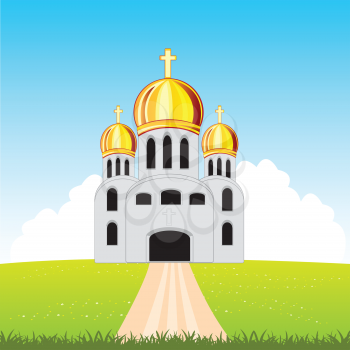 Vector illustration of the building church in green field