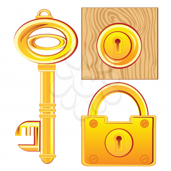 Gold key and lock on white background is insulated