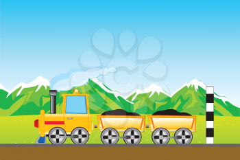 The Yellow freight train goes to mountain.Vector illustration