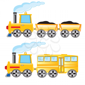 Two locomotives cargo and passenger on white background