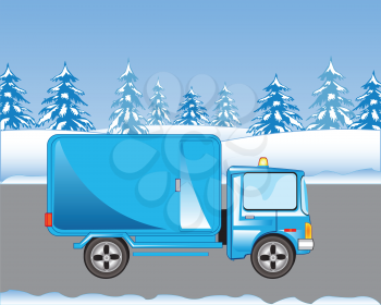 Blue car with box on road in winter
