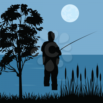Silhouette of the fisherman with riverside fishing rod