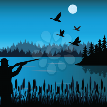 The Huntsman on lake shoots at flying duck.Vector illustration