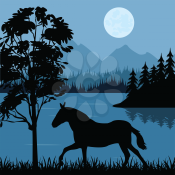 The Horse grazes ashore timber lake.Vector illustration