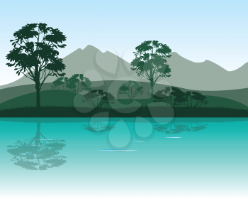 The Morning on calm river in mountain.Vector illustration