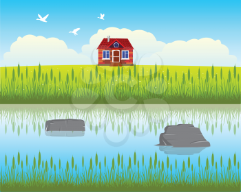 The House ashore calm and clean yard.Vector illustration