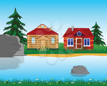 The Village ashore clean and transparent river.Vector illustration