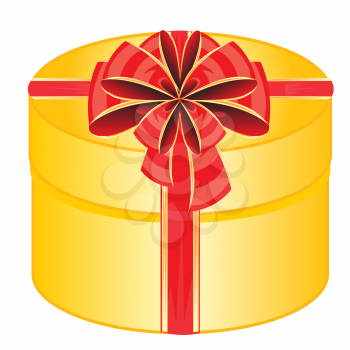 Yellow box with gift decorated by bow on white background