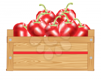 Red pepper in wooden box on white background