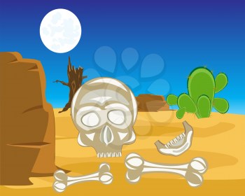 The Human bones and skull in desert.Vector illustration