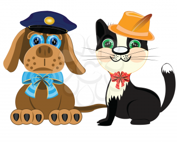 Dog police and cat in hat on white background is insulated