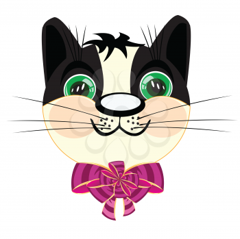 The Head kitty with rose bow on neck.Vector illustration