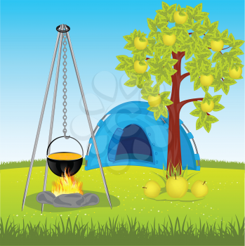 Tent under aple tree and campfire on glade