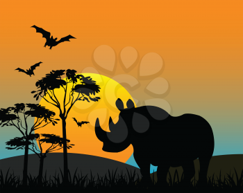 The Silhouette of the wildlife rhinoceros in savannah.Vector illustration