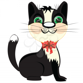 The Black cat with red small bow on neck.Vector illustration