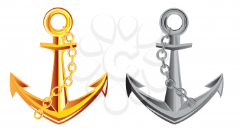 Anchor from gild and metal on white background is insulated