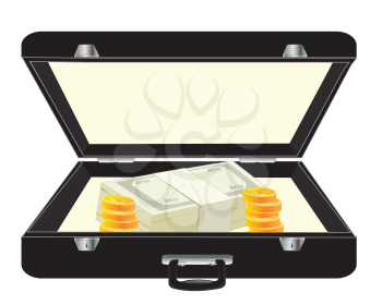 Open valise with money on white background is insulated