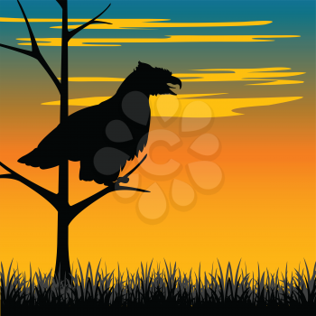 The Silhouette of the bird eagle sitting on tree.Vector illustration