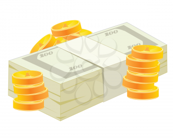Pack of the money and coins gold on white background