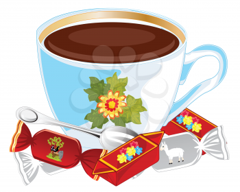 Cup coffee and sweetmeats on white background is insulated