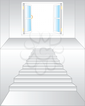 Stairway to open window on white background is insulated