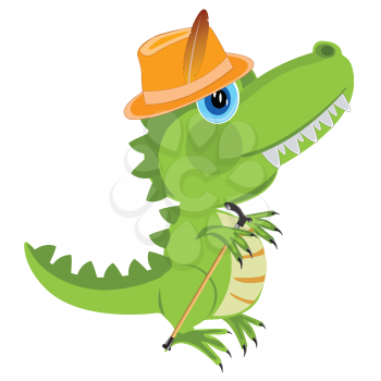 Dinosaur in hat and with walking stick on white background is insulated